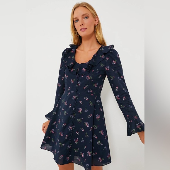 HYACINTH HOUSE Navy Floral Ruffle Neck Norah Mini Dress NWT - Picture 2 of 15
